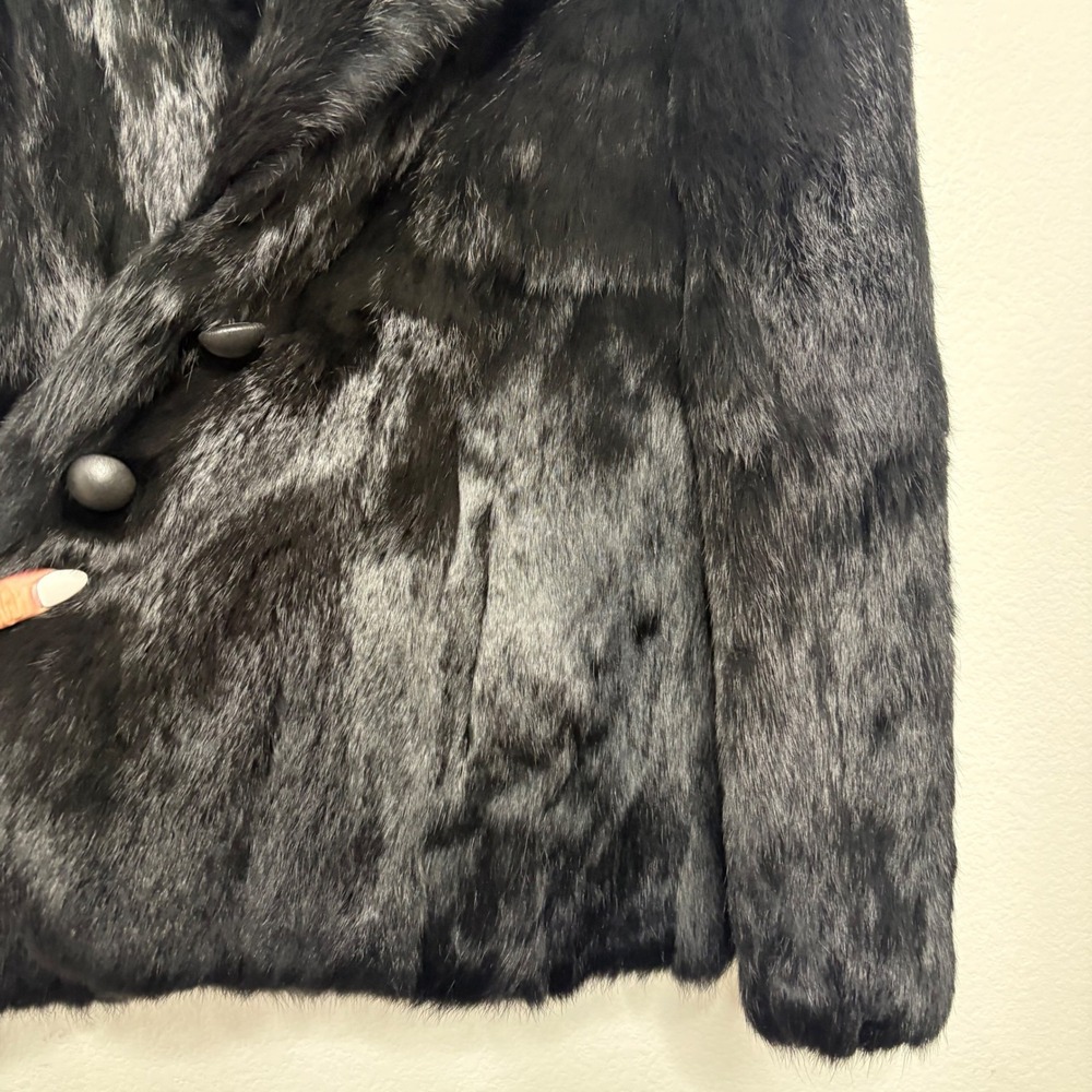Vintage Black Faux Fur Jacket Quilted Lining Double Button Coat Korea Womens M - Picture 6 of 9
